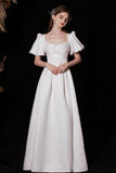 A-Line Floor Length Satin Wedding Dress 676166316331 - COCOMELODY