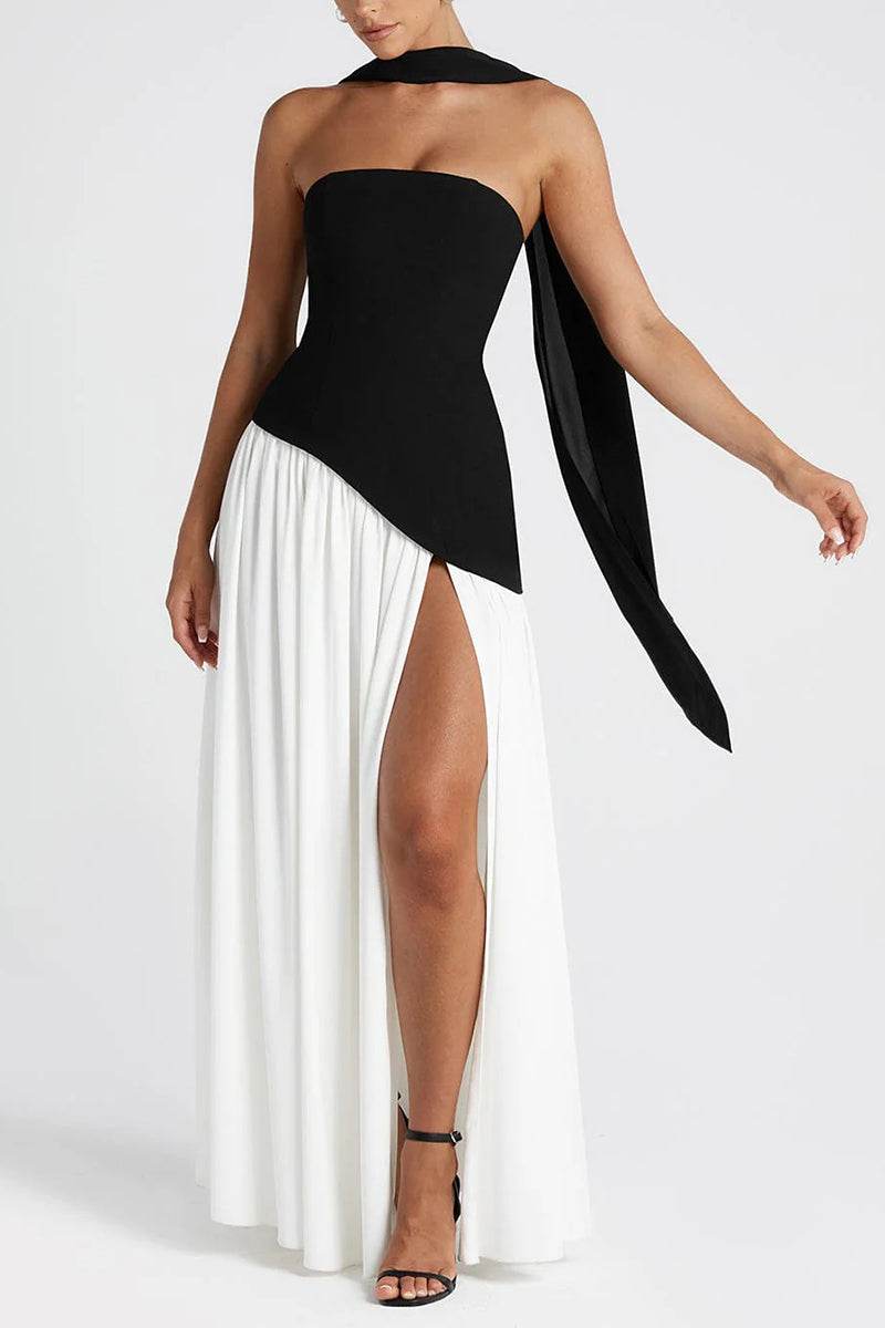 Elegant A-Line Knitted Fabric Maxi Wedding Guest Dress with Slit Strapless Pleated Neck Scarf Formal Evening Dress COCOMELODY 970800986791