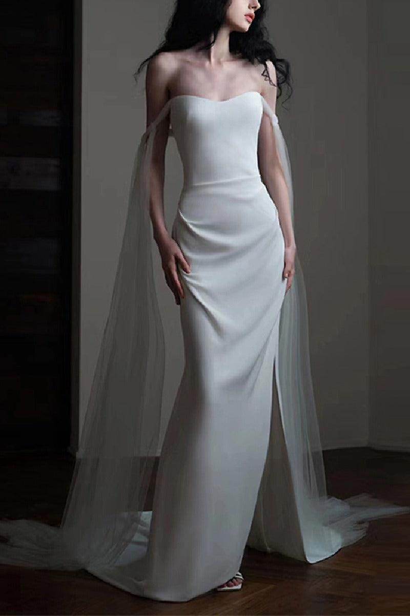 Sheath-Column Sweep-Brush Train Satin Wedding Dress 744497657577 - COCOMELODY