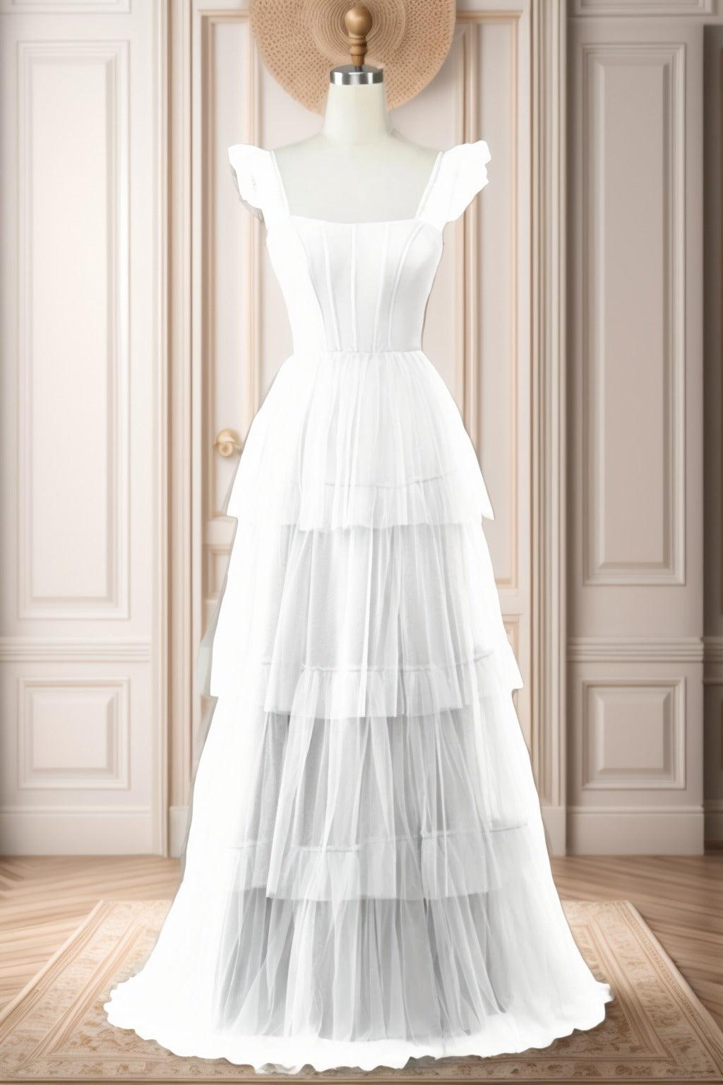 A-Line Sweep-Brush Train Tulle Prom Dress CS0471 - COCOMELODY