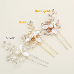 Bridal headwear Leaf hair pin Fashion wedding accessories Handmade pearl U-shaped hairpin set of 3 524682360029 - COCOMELODY
