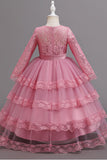 A-Line Long Sleeve Illusion Neck Tiered Lace Tulle Floor Length Flower Girl Dresses 1050524780369