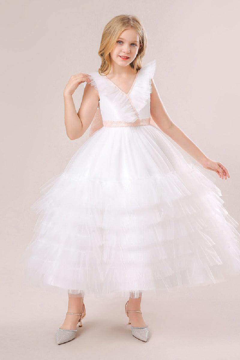A-line/Princess V Neck Ankle Length Tulle Flower Girl Dress 749446713431 - COCOMELODY