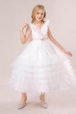 A-line/Princess V Neck Ankle Length Tulle Flower Girl Dress 749446713431 - COCOMELODY