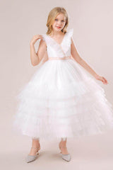 A-line/Princess V Neck Ankle Length Tulle Flower Girl Dress 749446713431 - COCOMELODY