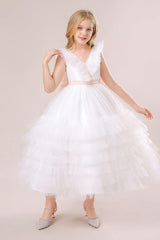 A-line/Princess V Neck Ankle Length Tulle Flower Girl Dress 749446713431 - COCOMELODY
