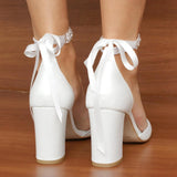 Pointed Toe Ankle Strap Block Heel Shoes with Rhinestone Bow 709319638118