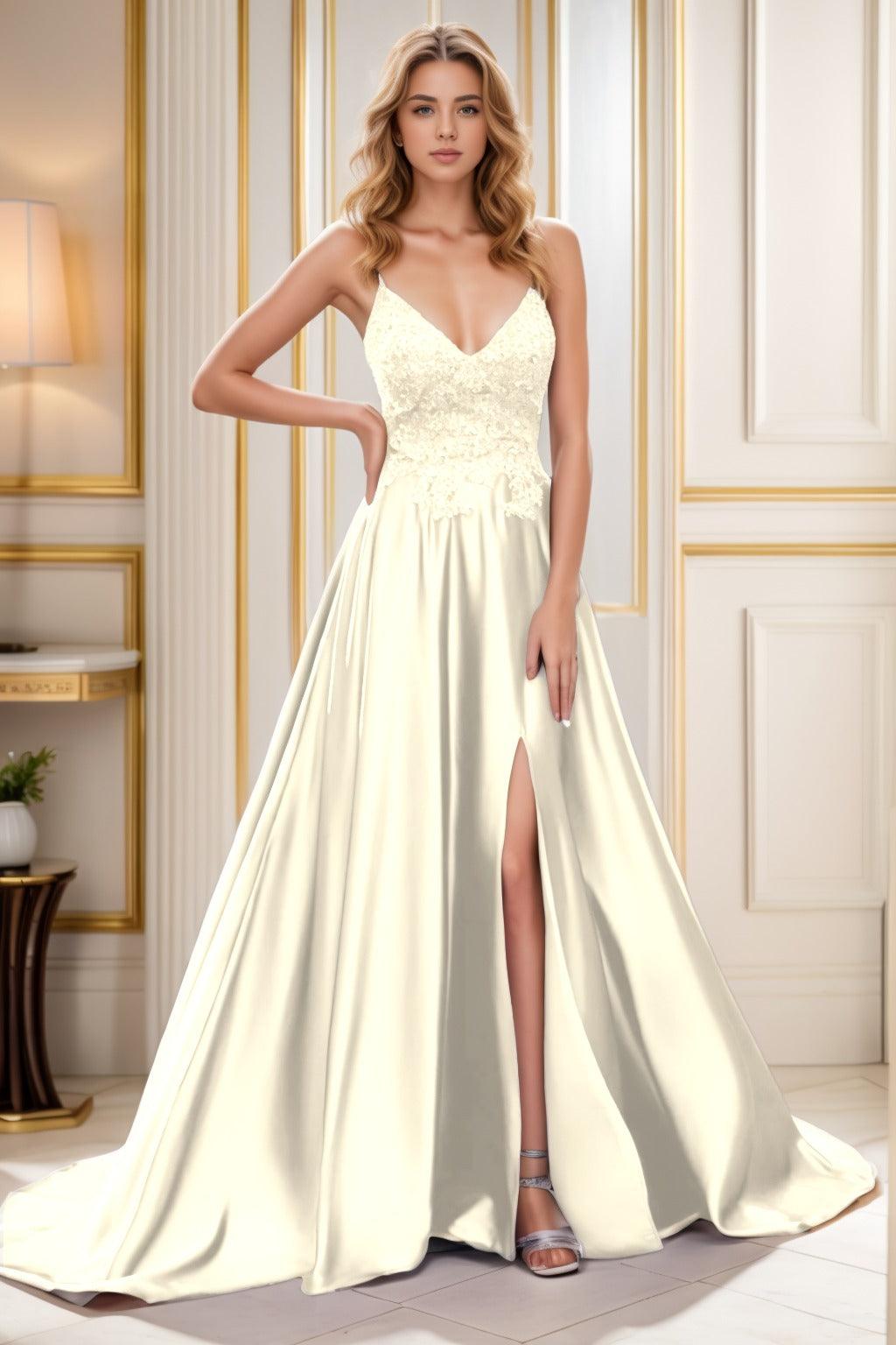 A-Line Court Train Satin Prom Dress CS0460 - COCOMELODY