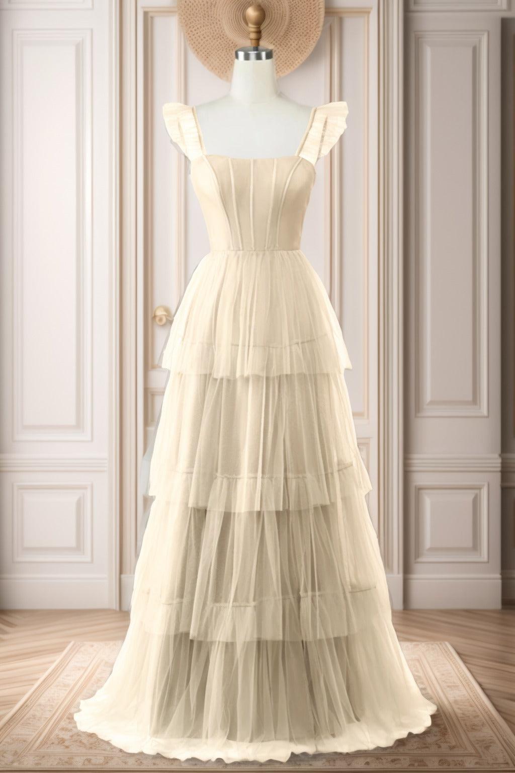 A-Line Sweep-Brush Train Tulle Prom Dress CS0471 - COCOMELODY