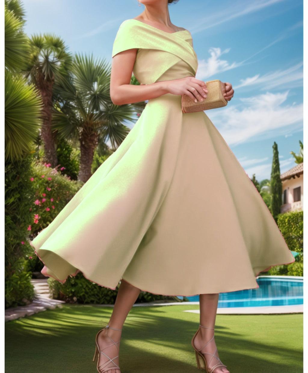 A-Line Tea Length Satin Prom Dress CS0455 - COCOMELODY