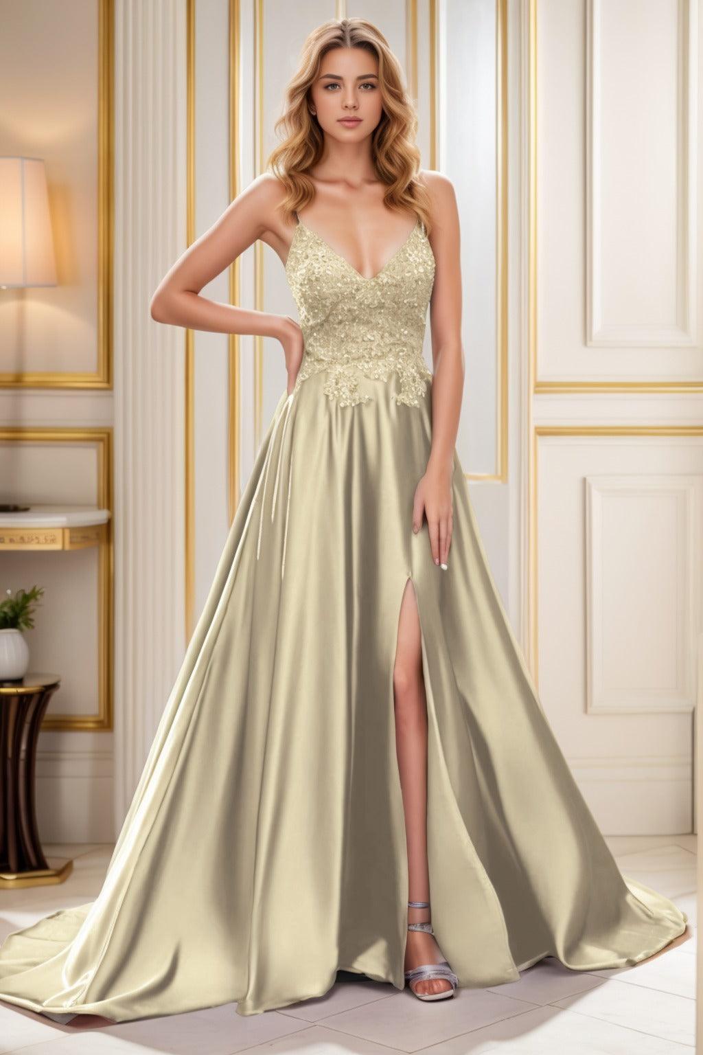 A-Line Court Train Satin Prom Dress CS0460 - COCOMELODY