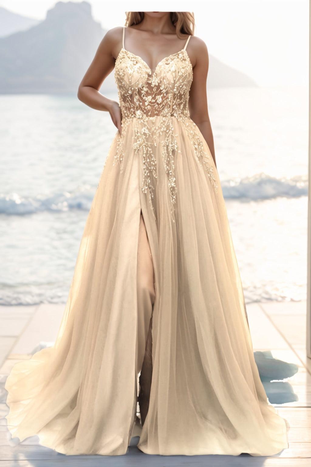 A-line Sweep-Brush Train Tulle Prom Dress CS0402 - COCOMELODY