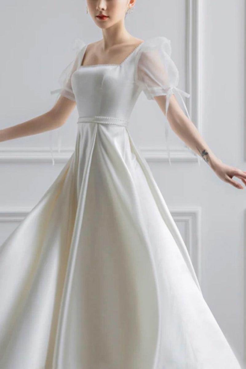 A-Line Floor Length Satin Wedding Dress 650928413690 - COCOMELODY
