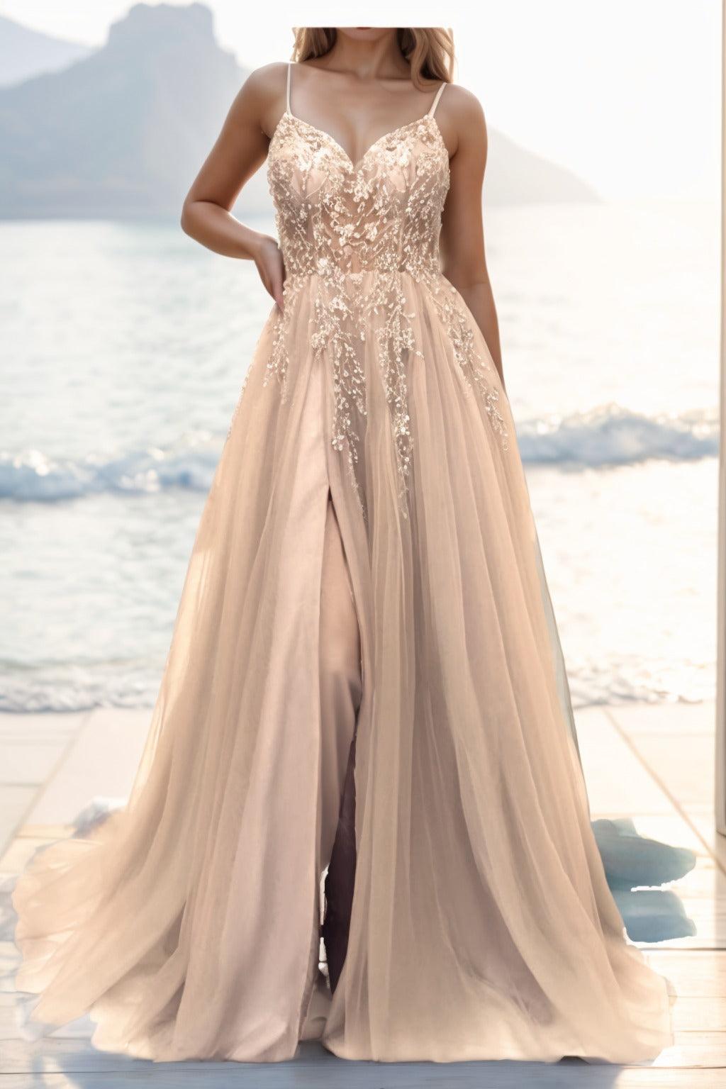 A-line Sweep-Brush Train Tulle Prom Dress CS0402 - COCOMELODY