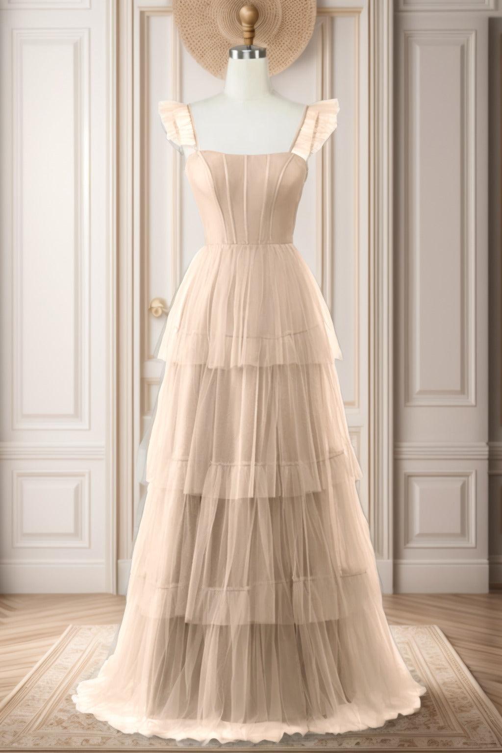 A-Line Sweep-Brush Train Tulle Prom Dress CS0471 - COCOMELODY