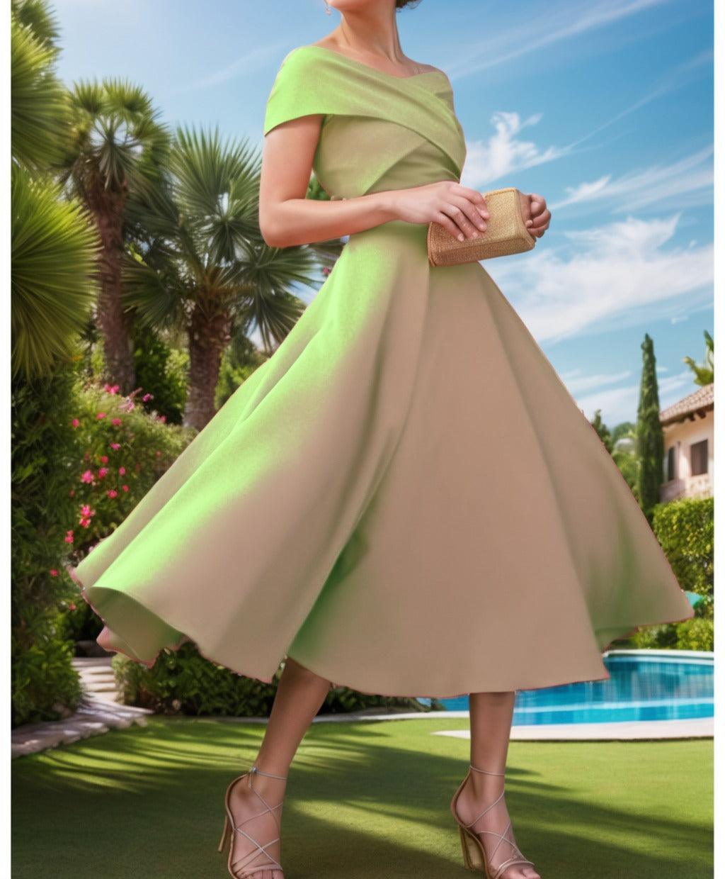 A-Line Tea Length Satin Prom Dress CS0455 - COCOMELODY