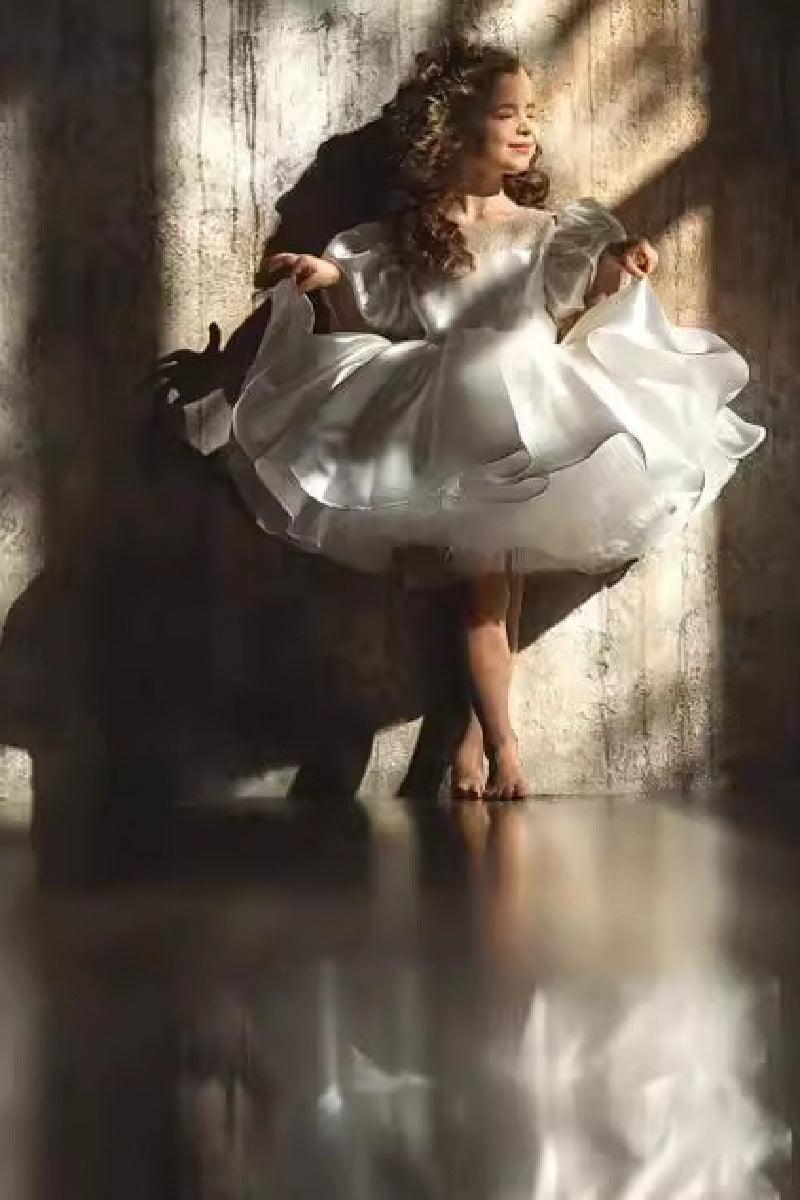 Ball Gown Scoop Neck Puff Sleeves Mini Satin Flower Girl Dresses 669285166945 - COCOMELODY