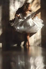 Ball Gown Scoop Neck Puff Sleeves Mini Satin Flower Girl Dresses 669285166945 - COCOMELODY