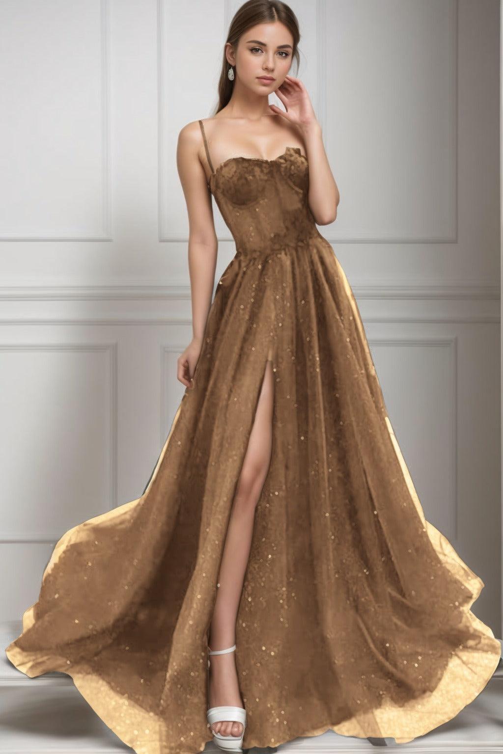 A-Line Sweep-Brush Train Tulle Prom Dress CS0439 - COCOMELODY