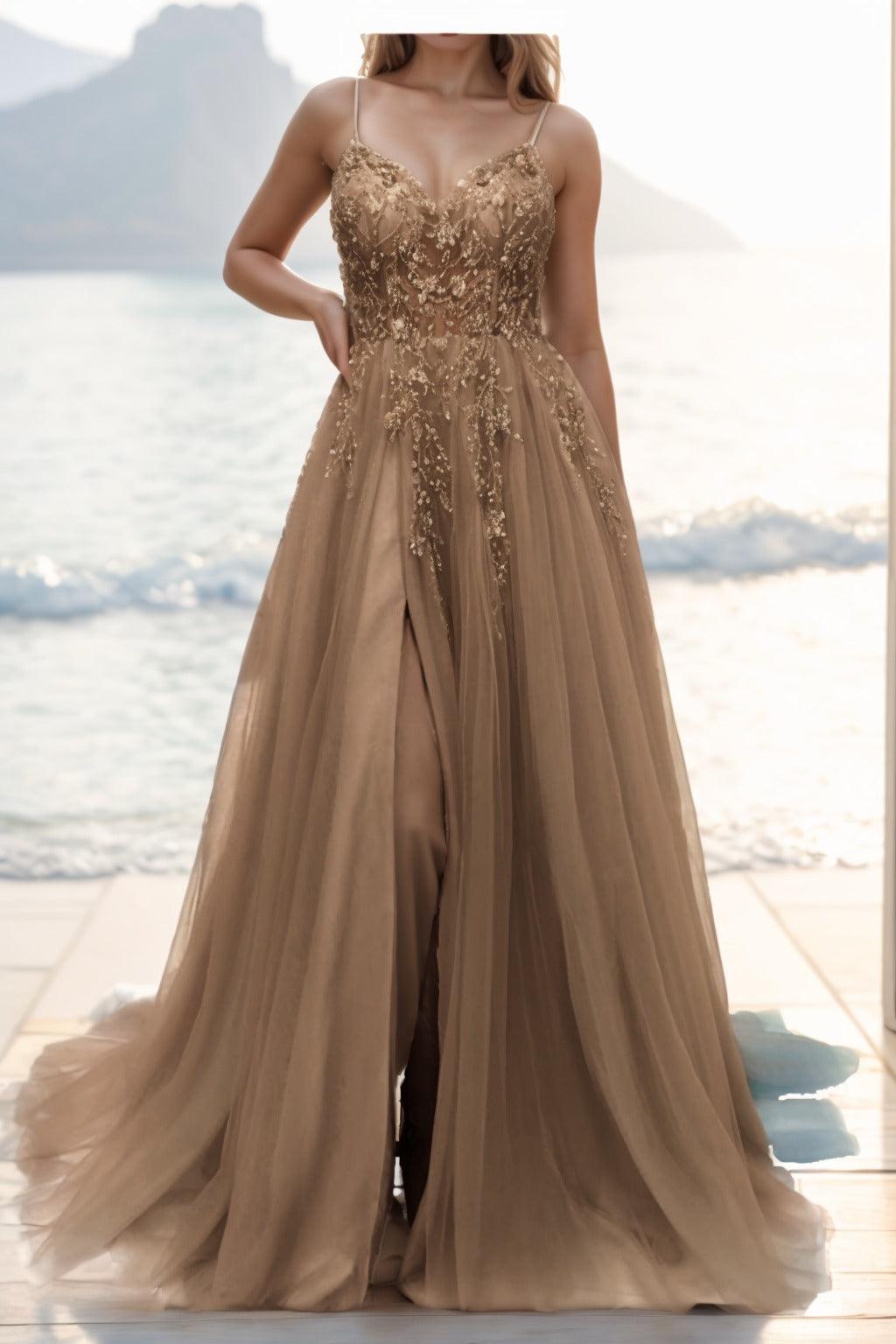 A-line Sweep-Brush Train Tulle Prom Dress CS0402 - COCOMELODY
