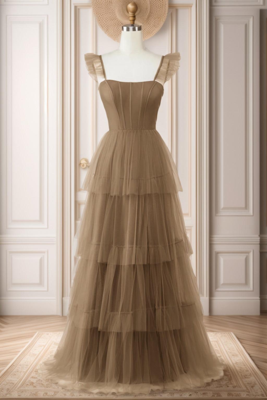 A-Line Sweep-Brush Train Tulle Prom Dress CS0471 - COCOMELODY