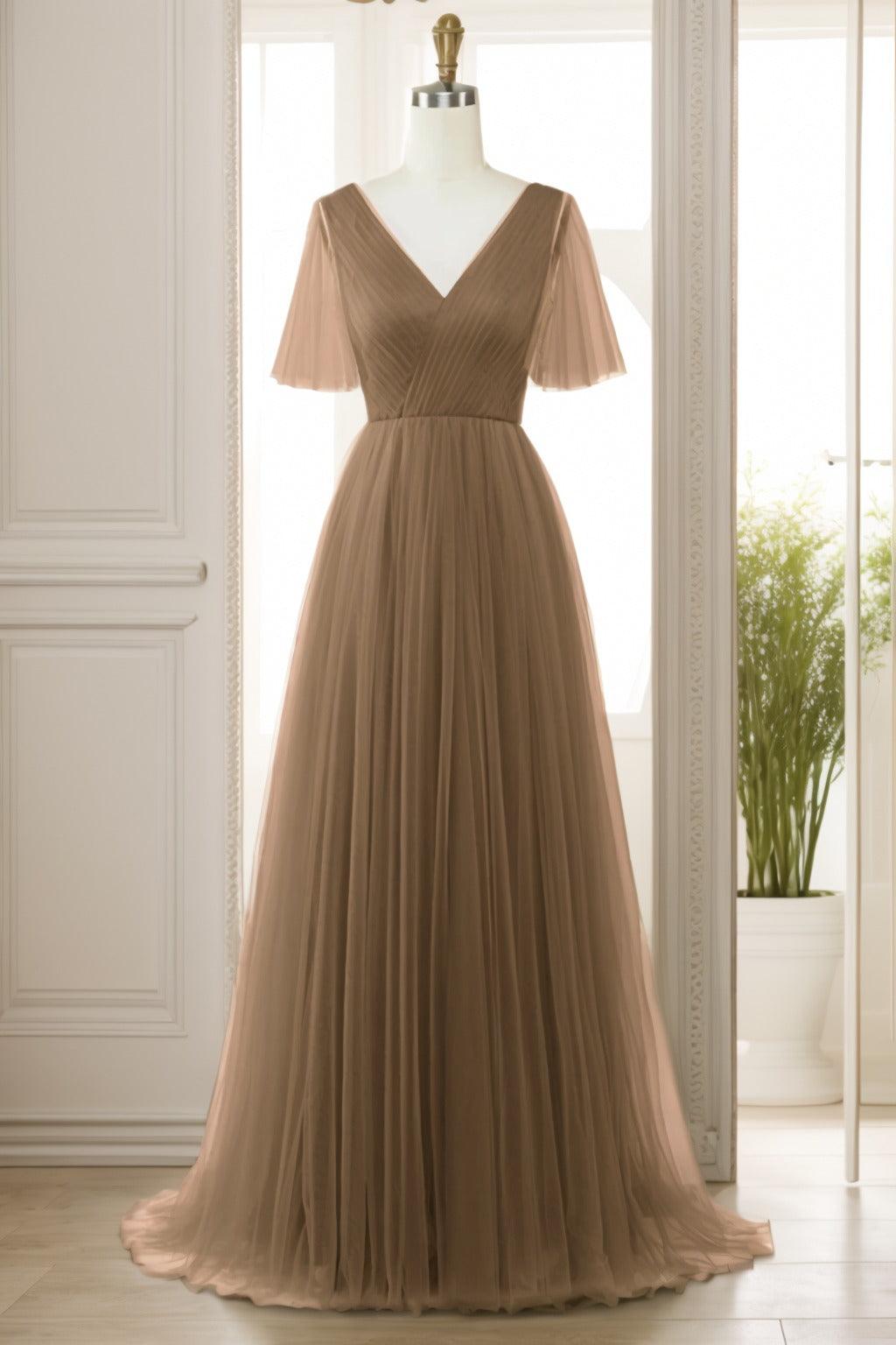 A-Line Sweep-Brush Train Tulle Prom Dress CS0472 - COCOMELODY