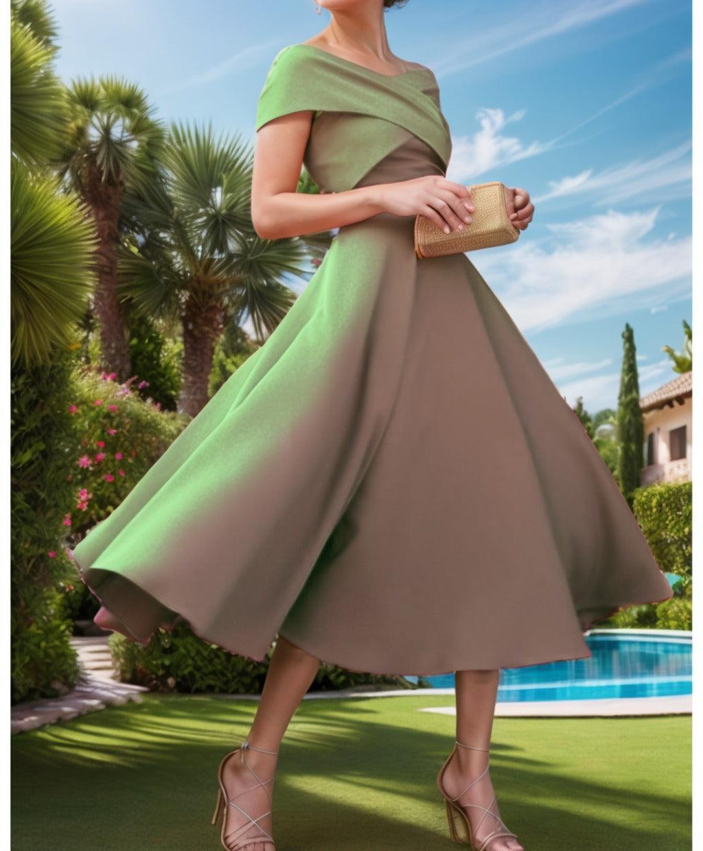 A-Line Tea Length Satin Prom Dress CS0455 - COCOMELODY