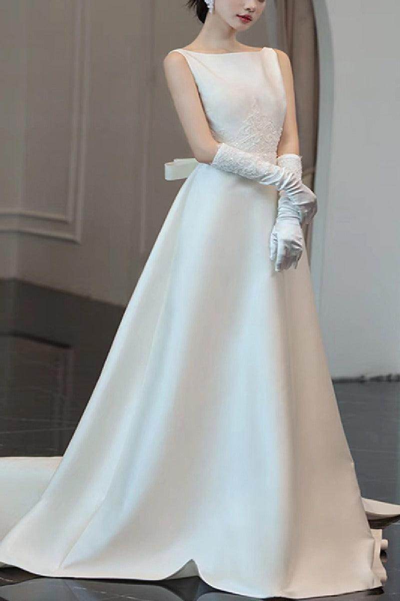 A-Line Chapel Train Satin Wedding Dress 732407195176 - COCOMELODY