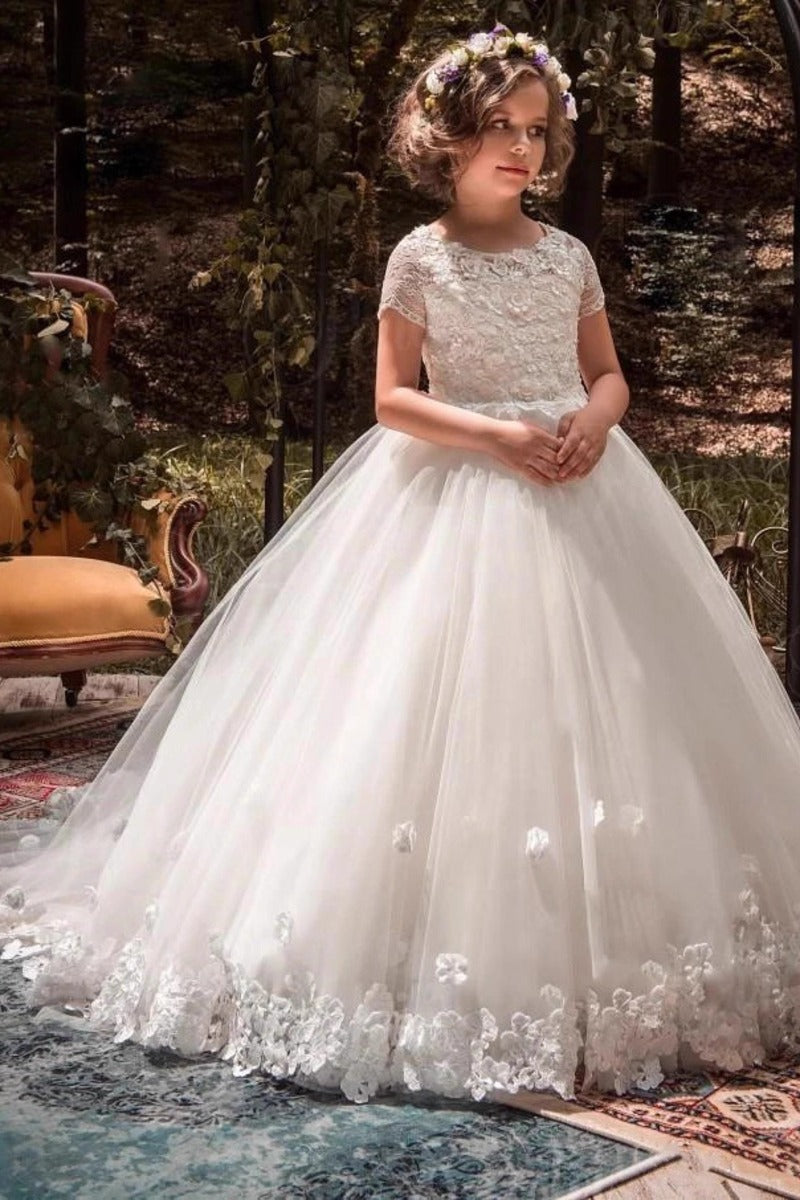 Tulle Ball Gown Round Neck Lace Short Sleeve Flower Girl Dresses 708119155653