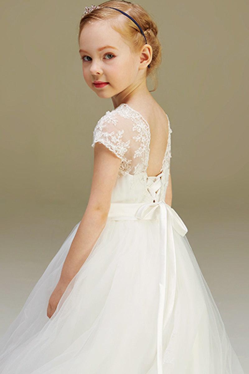 Ball-Gown Illusion Neck Princess Tulle Flower Girl Dresses With Appliques Lace 626723738802 - COCOMELODY