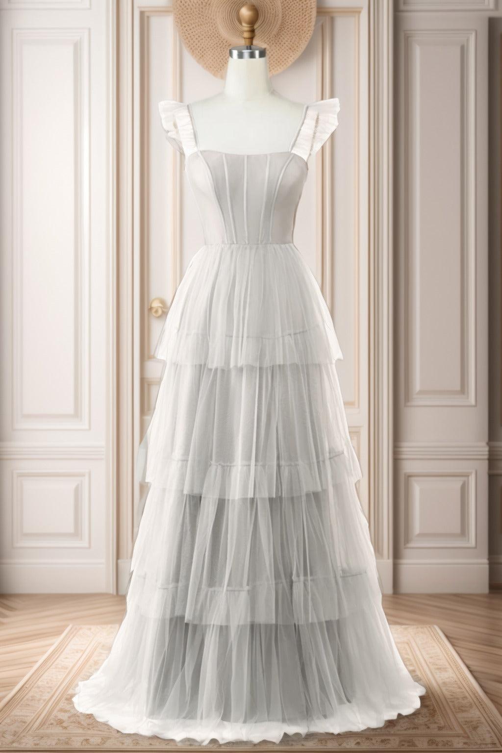 A-Line Sweep-Brush Train Tulle Prom Dress CS0471 - COCOMELODY