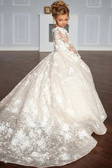 A-Line Illusion Neck Long Sleeve Lace Chapel Train Flower Girl Dresses 688674536065 - COCOMELODY