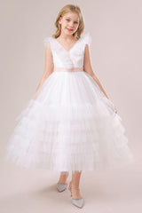 A-line/Princess V Neck Ankle Length Tulle Flower Girl Dress 749446713431 - COCOMELODY