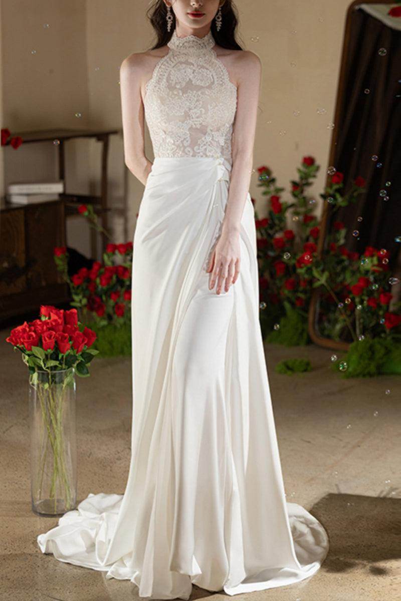 Sheath-Column Chapel Train Lace Satin Wedding Dress 737835089170 - COCOMELODY