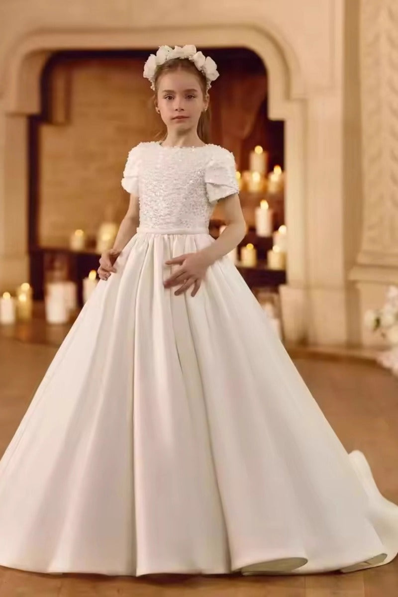 Round Neck Puff Short Sleeve Beaded Bodice Satin Flower Girl Dresses 989473399353