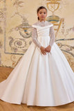 Off-Shoulder High Neck Lace Long Sleeve Satin Flower Girl Dresses 992930246596