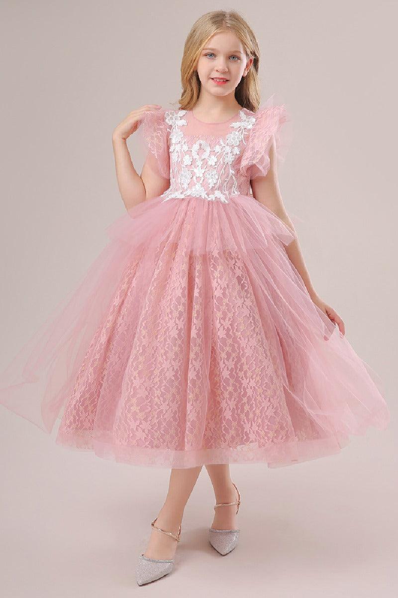 A-Line Illusion Neck Short Sleeves Midi Lace Flower Girl Dresses 749518906079 - COCOMELODY