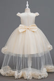 High-Low Cap Sleeve Sequin Lace Tulle Glitter Waistband Flower Girl Dresses 1049651569780