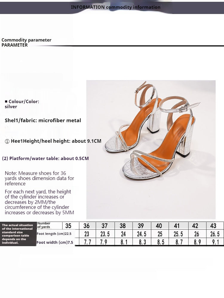 Rhinestone Ankle Strap Round Block Heel Sandals 726312180518 - COCOMELODY