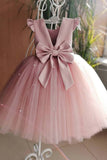 Tulle Pearl Bow Back Knee Length Ruffle Cap Sleeve Flower Girl Dresses 652115065250