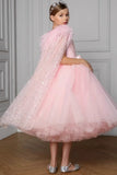 Ball Gown Feather Glitter Tulle Cape Tea Length Flower Girl Dresses 896082942099