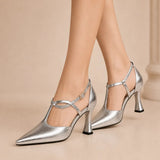 Metallic Pointed Toe Mary Jane Heels T Strap Elegant Design Shoes 915991421507