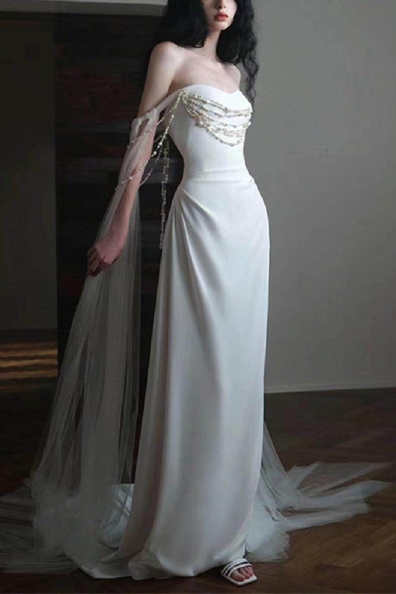 Sheath-Column Sweep-Brush Train Satin Wedding Dress 744497657577 - COCOMELODY