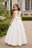 V-Back Bow Pearl Waist Scattered Bows Satin Flower Girl Dresses 1017327895779