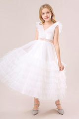 A-line/Princess V Neck Ankle Length Tulle Flower Girl Dress 749446713431 - COCOMELODY