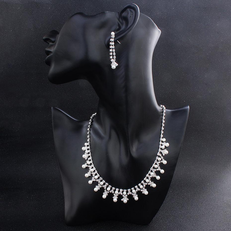 Jewelry Pearl Rhinestone Necklace Earrings 2-Piece Set 527668596787 - COCOMELODY
