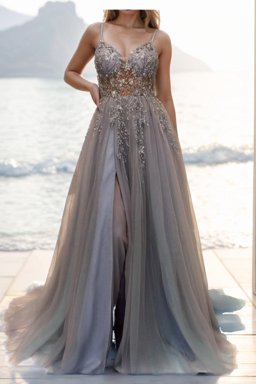 A-line Sweep-Brush Train Tulle Prom Dress CS0402 - COCOMELODY
