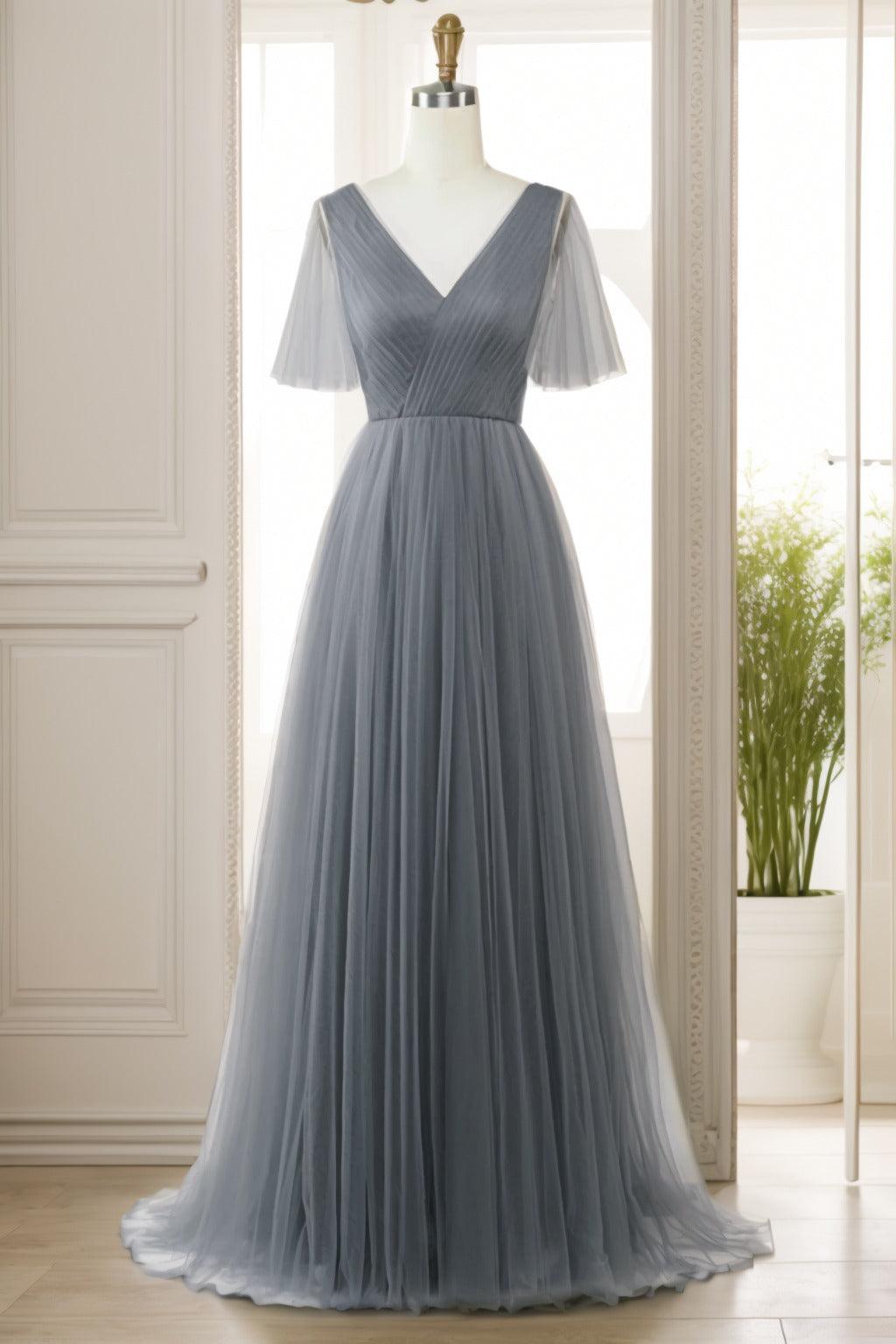 A-Line Sweep-Brush Train Tulle Prom Dress CS0472 - COCOMELODY