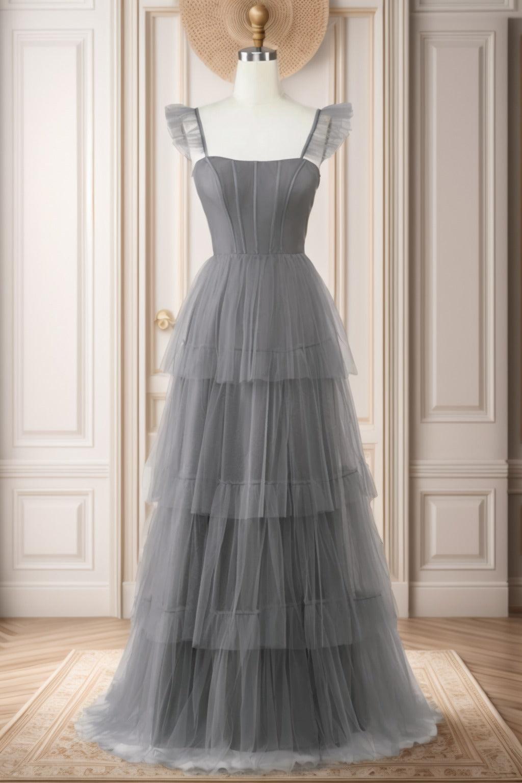 A-Line Sweep-Brush Train Tulle Prom Dress CS0471 - COCOMELODY