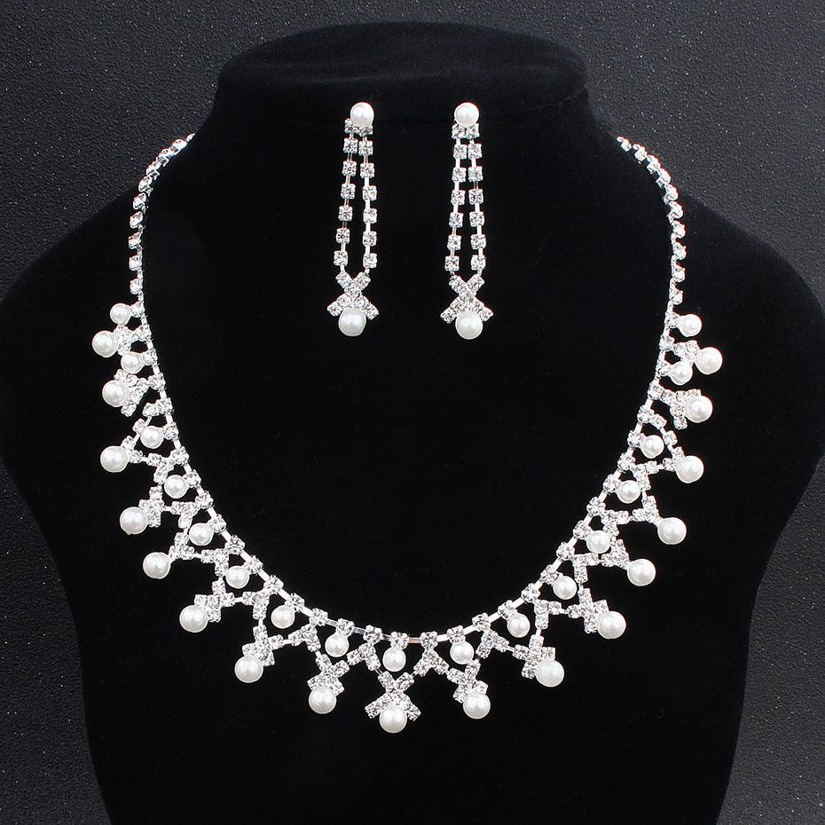 Jewelry Pearl Rhinestone Necklace Earrings 2-Piece Set 527668596787 - COCOMELODY